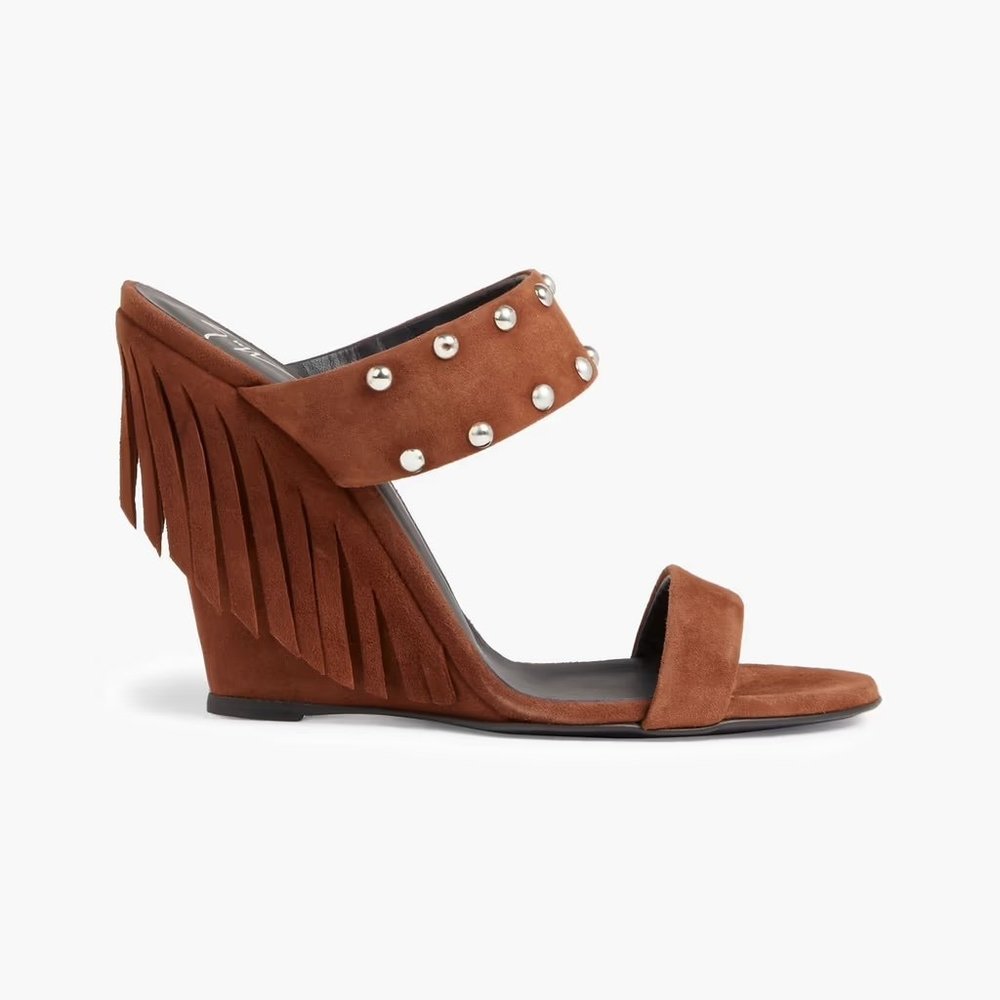 GIUSEPPE ZANOTTI Fringed studded suede wedge sandals